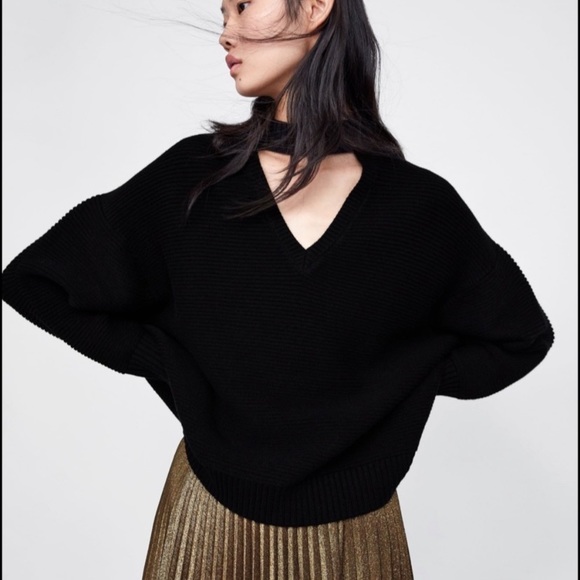 zara black knit oversized sweater with choker neck